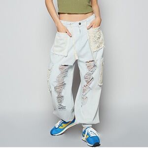 POL NWOT Distressed Light Blue Jogger Pants with Crochet Pockets